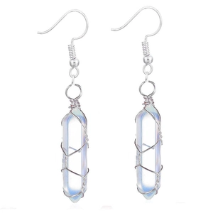 Detail of silver wire-wrapped hexagonal opalite crystal earrings with fishhook backs