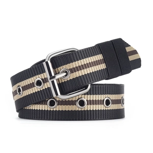 Men's striped canvas belt with silver pin buckle and woven fabric on white background
