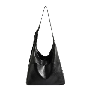 Minimalist black PU leather hobo bag with adjustable wide shoulder strap and front pocket