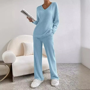 Sky blue two-piece ribbed knit lounge set featuring V-neck top and wide-leg pants