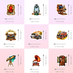 Detail view of 9 vintage stickers with dimensions showing camera, car, and typewriter items