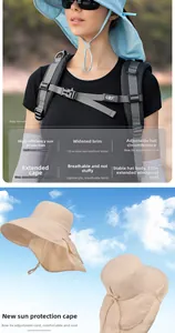 Détail du chapeau de soleil bleu avec bord large de 13cm et châle protecteur de 18cm