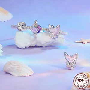 S925 sterling silver mermaid charm bracelet with purple enamel heart and seashell accents