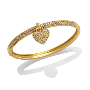 Elegant 18K gold-plated open bangle with a pavé zircon heart-shaped pendant for women