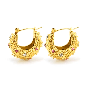 18K gold-plated stainless steel C-hoop earrings with pink and clear crystals