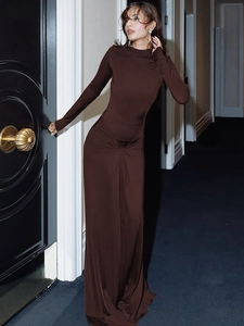 Maxi Dress Polyester Spandex Long Sleeve Mock Neck Slim Fit Ruched Waist Floor Length Solid Color Elegant For Women