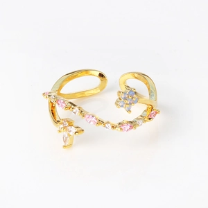 Detailed macro shot of adjustable gold flower ring with pink and white marquise crystals