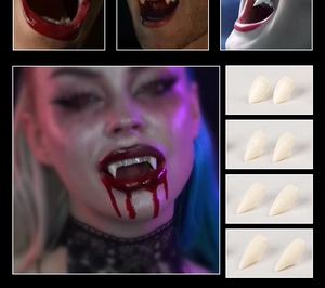 Detail view of four sizes of resin vampire fangs from 13mm to 19mm for cosplay