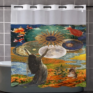 Macro shot of heavy-duty waffle fabric shower curtain with hookless ring headers and birds print