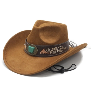 Chapeau Fedora Cowboy Suédine Broderie Ethnique Décoration Turquoise Large Bord Mentonnière Réglable Pour Hommes Femmes