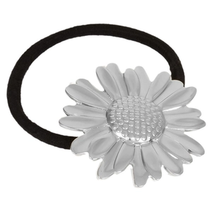 Minimalist 304 stainless steel daisy flower hair tie with black elastic band on white background