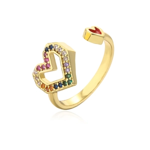 Detailed macro view of 18K gold plated hollow heart ring with multicolor gradient gems