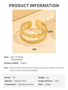 Detailed size guide for gold-plated stainless steel double coin open ring for women