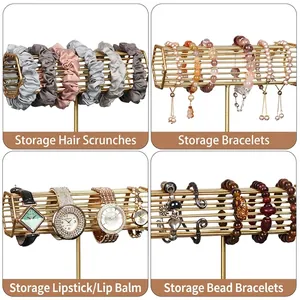 Golden metal jewelry organizer with marble base for scrunchies, bracelets, and watches
