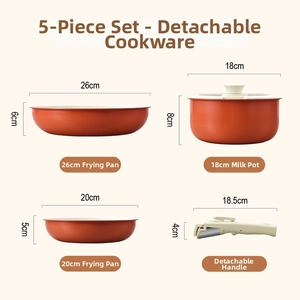 Detailed dimensions of 5-piece non-stick cookware set with detachable handle