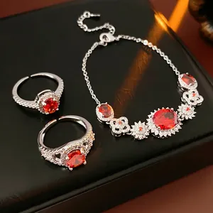Exquisite Flower Oval Red Zircon Inlaid Copper Bracelet And Rings Women Vintage Luxury Style Jewelry