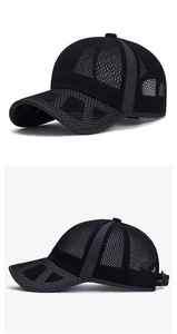 Detail of breathable mesh fabric on black baseball cap for summer outdoor sports