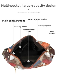 Top view of multi-compartment retro tote bag showing main pockets and inner zip layout