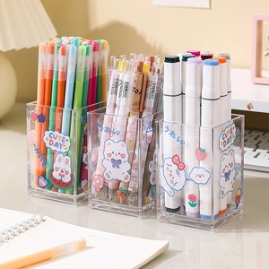 Minimalist clear acrylic multi-grid pen holder for desk organization with stickers