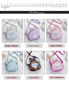 Collage of glitter rabbit ear girls' bags in six colors with heart sequins, 10cm width