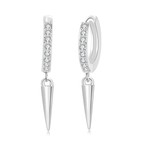 Detailed view of silver hoop earrings with a conical pendant and rows of cubic zirconia