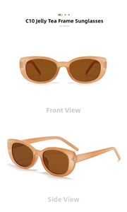 Detail view of jelly tea frame cat-eye sunglasses with matching tinted lenses