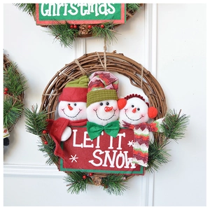 Detail of a snowman rattan Christmas wreath with a Merry Christmas banner on a white wall