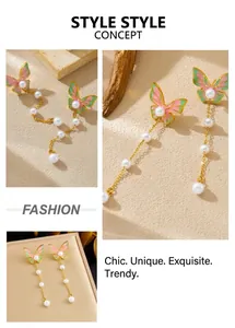Detail of butterfly drop earrings with pink-green enamel wings and pearl tassels
