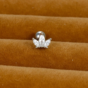 Stainless steel crown stud earring with marquise-cut zircon crystals and ball back