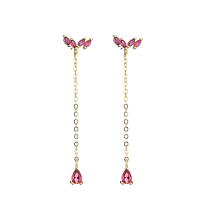 Gold geometric tassel earrings with magenta gemstones in a long leaf and teardrop design