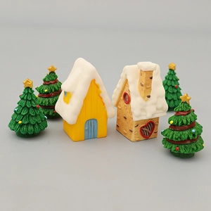 Miniature resin Christmas set with snowy houses and decorated trees for DIY decor