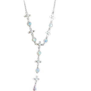 Silver Y-shaped cross necklace with tassel pendant and iridescent beads for women