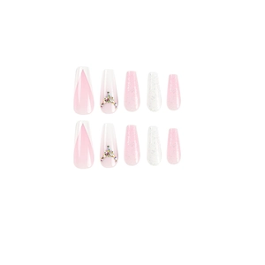 Silberne Glitter-French-V-Schnitt Coffin-Nägel mit Strasssteinen und rosa Finish
