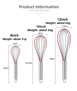 Three-piece stainless steel and silicone whisk set in 8, 10, and 12-inch sizes for baking
