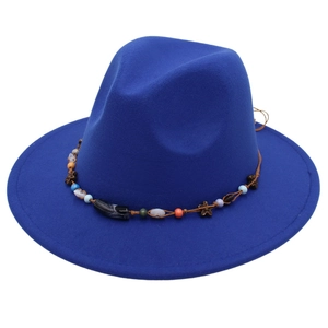 Deep blue wool felt fedora hat with bohemian beaded string decoration for men and women