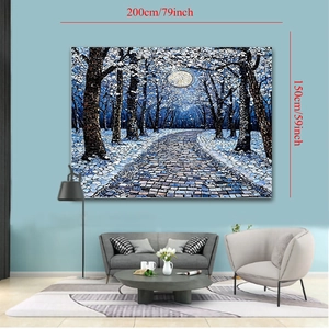Forest tapestry size guide 200x150cm showing winter moonlight scene in modern living room