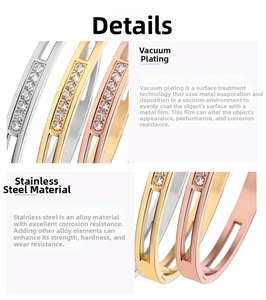 Close-up of vacuum plated stainless steel bangle with zircon inlay in gold rose silver