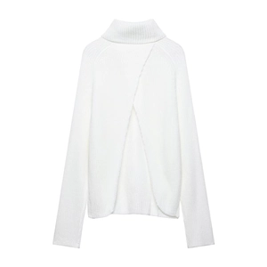 White oversized turtleneck knit sweater featuring stylish back cross-slit design details