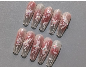 Detail view of 5D embossed nail stickers featuring pink gradient and butterfly patterns