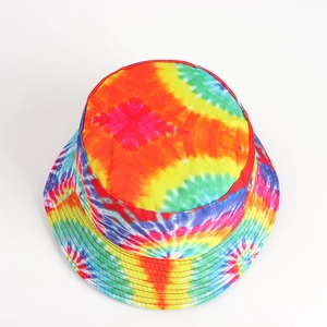 Top view of colorful tie-dye bucket hat featuring vibrant 3D spiral pattern and stitched brim