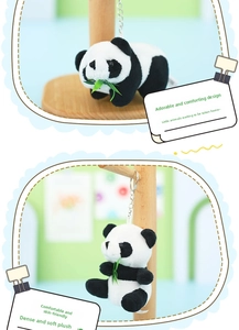 Detail of plush panda keychain with bamboo leaf and silver metal chain accessory