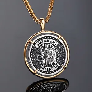 Saint Michael angel pendant necklace in two-tone gold and silver with wheat chain