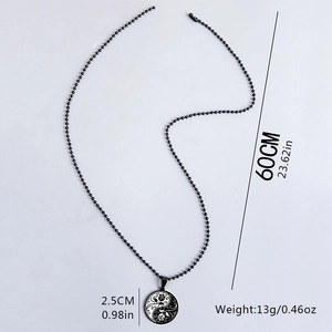 Retro stainless steel ball chain necklace with Yin Yang rose pendant and dimensions