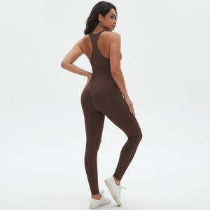 Dark brown seamless cross-back sports bra and high-waist yoga leggings two-piece set