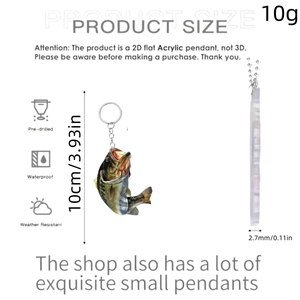 Detailed sizing chart of the acrylic bass fish keychain with dimensions and 2D design info