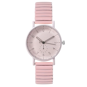Pink women's quartz watch with stretchy metal strap and heart-shaped hour hand