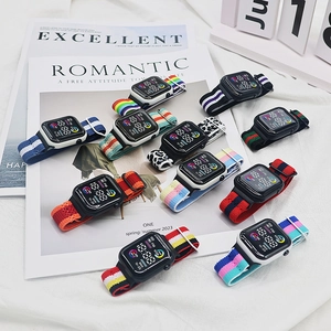 Colorful nylon strap LED digital square watch collection on white aesthetic backdrop
