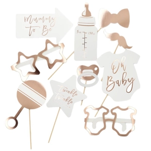 Lot de 10 accessoires photo pour baby shower or rose avec signes Oh Baby et Twinkle Star