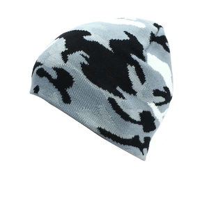 Detailed close-up of camouflage knitted winter beanie with black, grey, and white pattern