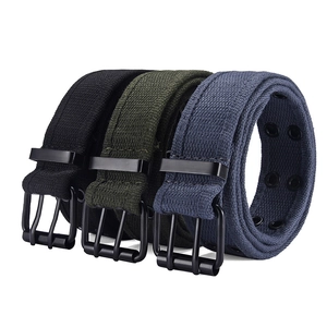 Three rows of canvas belts with double prong buckles in black, green, and navy blue colors